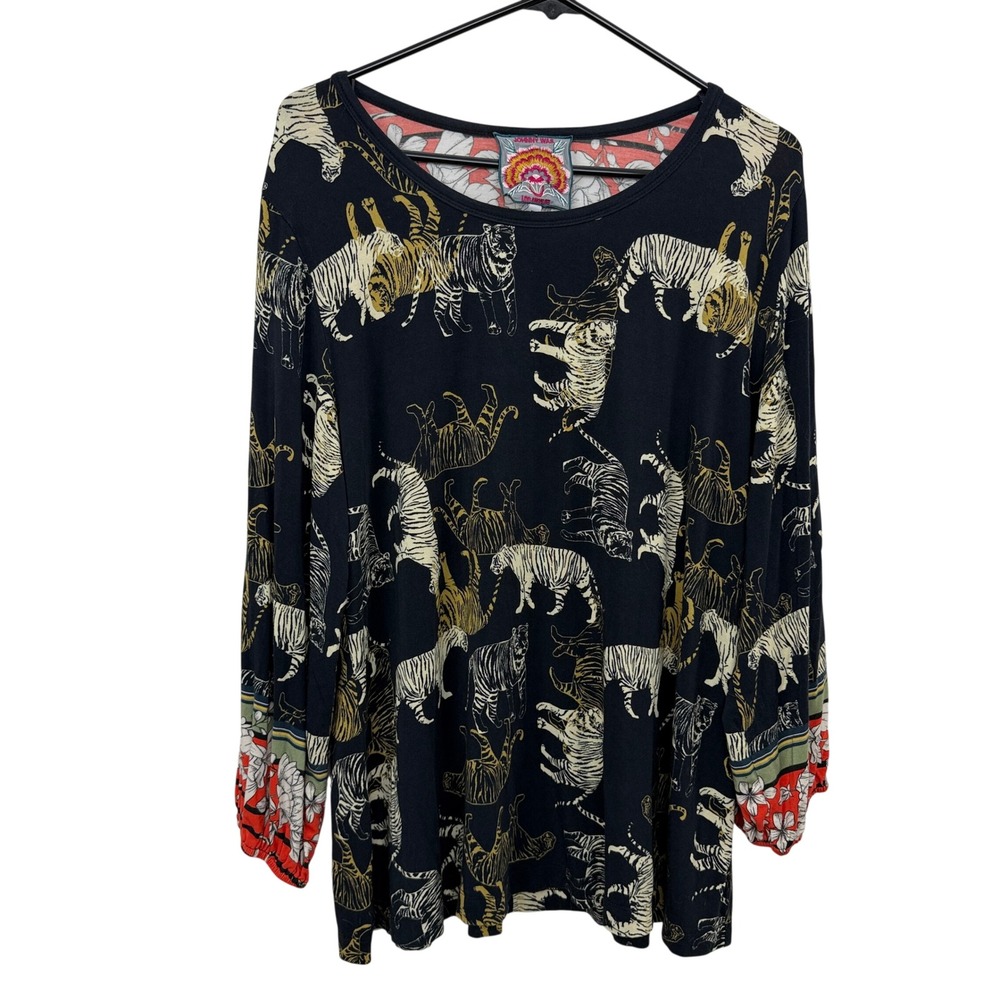 Johnny Was Top Womens XL Black Teeger Tiger Print Floral Long Sleeve T11721-0